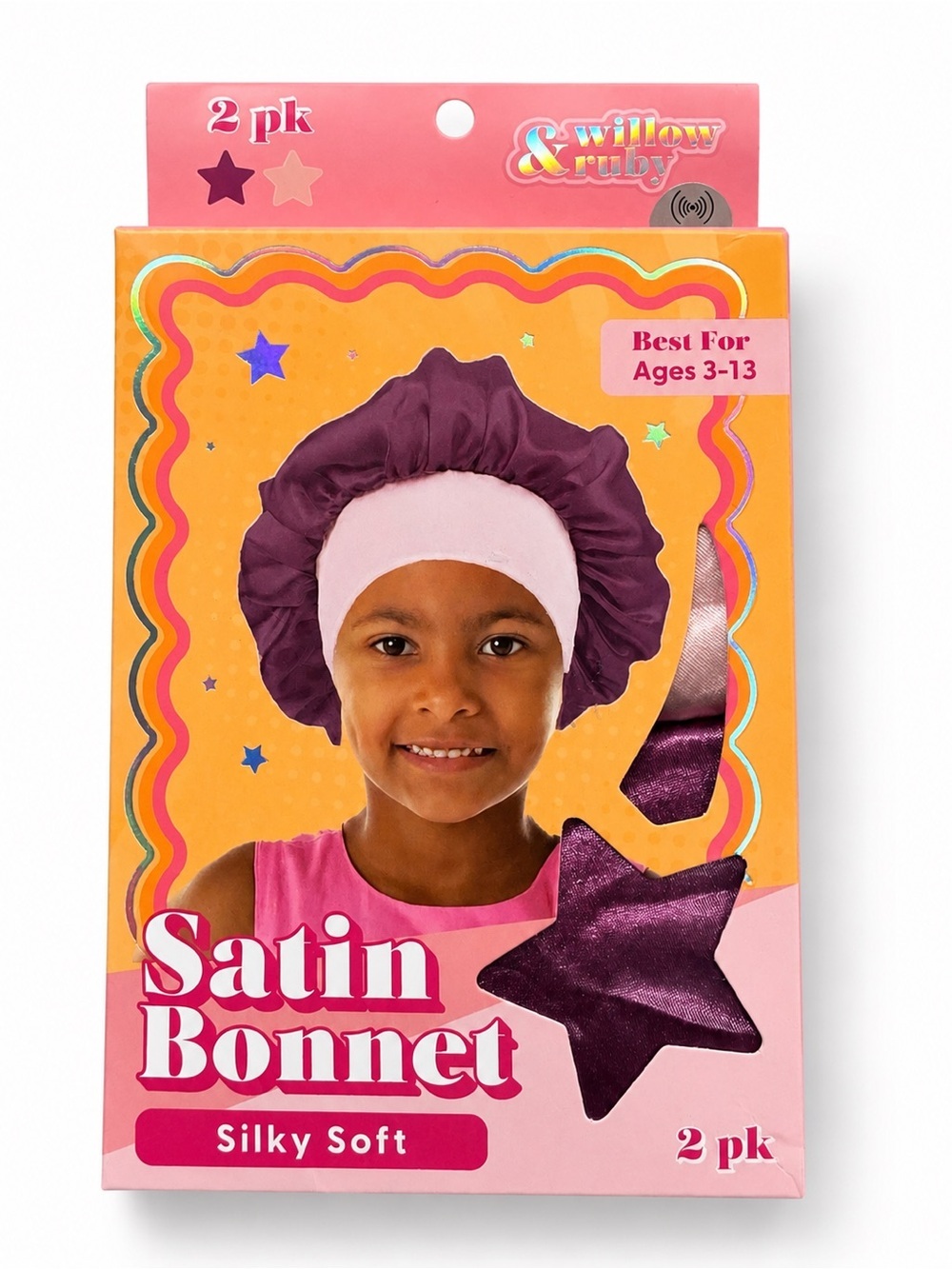 Willow & Ruby Satin Bonnet for Kids - Purple & Pink (2 Pack) Sleep Cap Ages 3-13